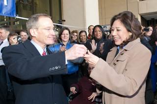 Hilda Solis accepts keys to her new office from Ed Hugler. Photo: Shawn Moore, Dept. of Labor. Hilda Solis accepts keys to her new office from Ed Hugler. Photo: Shawn Moore, Dept. of Labor.